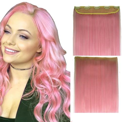 LaLuLoLi 24" Dicke Lange Glatte Clip-in Synthetische Haarverlängerungen Hellrosa Clip-on Haarverlängerungen Hitzebeständige Faser Klassisches Haarteil für Frauen mit 5 Clips (Rosa, 100g-Vollkopf) von LaLuLoLi