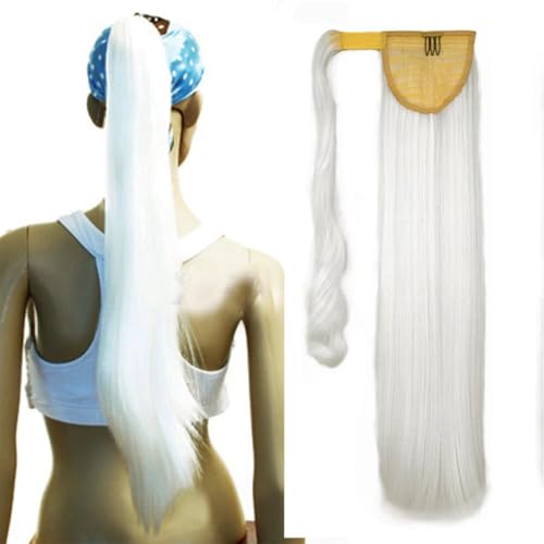 LaLuLoLi 24" Schneeweißer Pferdeschwanz Gerades Haarverlängerungs-Perücke Magic Paste Wickel-Pferdeschwanz Synthetisches Haarteil für Frauen 100g (#1001 - Weißes Haar) von LaLuLoLi