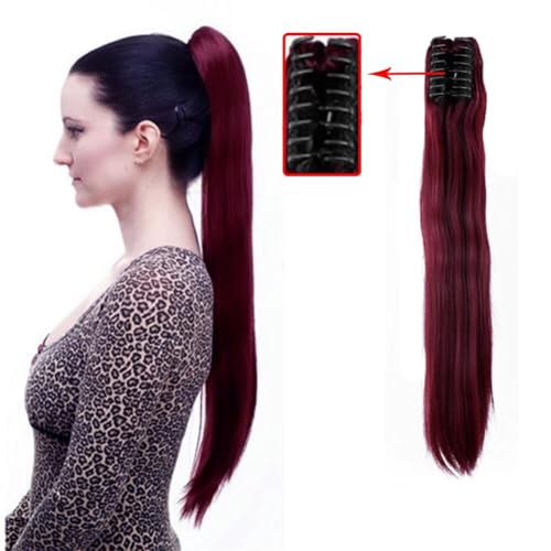 LaLuLoLi 24" weinrote Klemmenclip-Pferdeschwanzverlängerung für Party oder Alltag, lange glatte synthetische Haarverlängerung 150g mit Klemmenclip für modische Damen, Mädchen von LaLuLoLi