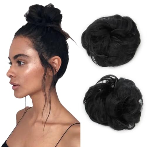 LaLuLoLi 2PCS Frauen dicke lockige Wellen Updo Haar Bun Verlängerungen natürliche schwarze Farbe synthetische chaotische Haarstücke für Schönheit Frauen (#1 schwarze Farbe) von LaLuLoLi