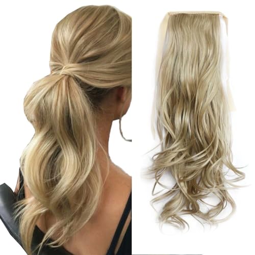 LaLuLoLi 50cm Langer Hochsteck Pferdeschwanz Haarteil Synthetische Bindungs Pferdeschwanz 90g Lockig Wellig #16/613 Mittelblond mit Gebleichtem Blond Haarextension für Damen von LaLuLoLi
