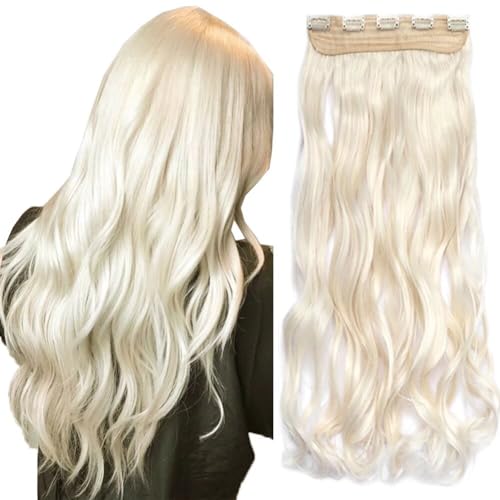 LaLuLoLi 60cm/120g Platinblonde Clip-in-Haarverlängerung Hitzebeständige freundliche Fasersynthetik Lockige Wellen Haarverlängerungen für Damen und Mädchen Farbe #60 von LaLuLoLi