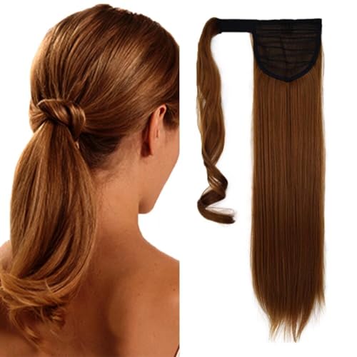 LaLuLoLi Damen Goldbrauner Pferdeschwanz 24" Langer Gerader Pferdeschwanz Wickel-Synthetischer Kunsthaar-Pferdeschwanz 100g Hitzebeständige Faser Haarteil #12 Für Frauen von LaLuLoLi