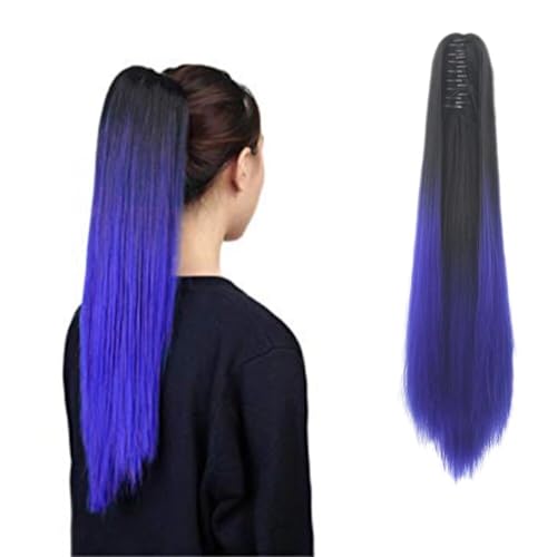 LaLuLoLi Damen-Kunsthaarteil zweifarbiger langer glatter Pferdeschwanz mit Greifer Haarverlängerung für Party und Cosplay 130g/24"/60cm (1B# Natur-Schwarz bis 61C# Blau) von LaLuLoLi