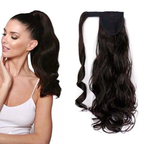 LaLuLoLi Dunkelbrauner Pferdeschwanz Synthetik Wrap-Around Lange Lockige Wellen Naturlook Damen/Mädchen 100g Magic Paste Haarteil (18 Zoll, 4A#) von LaLuLoLi