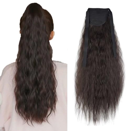 LaLuLoLi Einteiliger Tie Up Pferdeschwanz Haarteil Bindungs Pferdeschwanzverlängerung 22" 90 Gramm 4A# Dunkelbraun Lange Corn Wave Tie Up Pferdeschwänze Synthetikhaar für Mädchen von LaLuLoLi