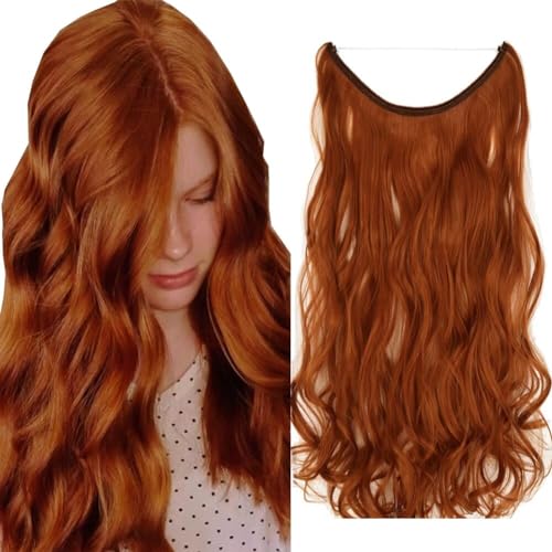 LaLuLoLi Feuerrote Farbe Unsichtbarer Draht Haarextension 18 Zoll 80g Lange Lockige Wellige Kupferrote Haarteile Synthetische Haarextensions für Damen Mädchen Frau (#119) von LaLuLoLi