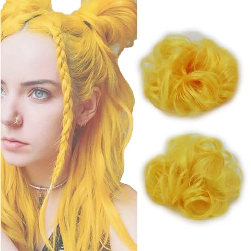 LaLuLoLi Gelb Scrunchy Updo Wellige Haar Bun Chaotische Elastische Chignons Synthetische Haarstück Perücke Lockige Haarverlängerung Scrunchies für Frauen Mädchen (#2C Hellgelb, 2pcs / Packung) von LaLuLoLi