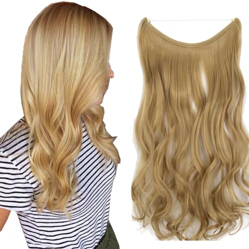 LaLuLoLi Haar 18-Zoll Synthetische Hitzebeständige Faser Wellige 80g #22 Mittelblond Unsichtbare Faden Haarverlängerung Versteckte Angelschnur Draht Lockige Haarextensions für Frauen von LaLuLoLi
