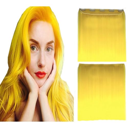 LaLuLoLi Haar 24" 1-Pack 100g Vollkopf Glatt Lang Hitzebeständige Faser Gelbe Farbe Clip-in Synthetische Haarteile für Frauen Mädchen 5 Clips pro Stück - Knallgelb von LaLuLoLi