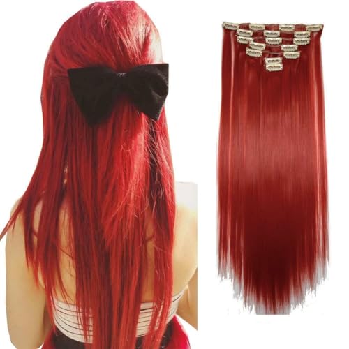 LaLuLoLi Hitzebeständige Synthetikfaser Gerade Rote Haarverlängerung Clip-in Perücke Damen 55cm 22 Zoll 100g Dickes Clip-in Haarteil Verlängerungen für Party Cosplay (Rot-#113, 7-teilig/16 Clips) von LaLuLoLi