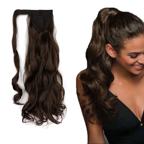LaLuLoLi Lange Lockige Wellen Pferdeschwanzverlängerung Synthetikhaar Wrap-Around #8 Schokobraun Naturhaar Magic Paste für Damen (18" 100g) von LaLuLoLi