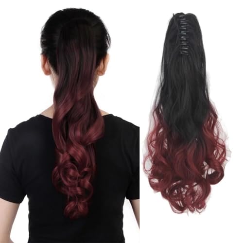 LaLuLoLi Lange Wellige Synthetische Pferdeschwanz-Extensions Lockige Kralle Clip-in Pferdeschwanz Haarteil Perücke mit Clip für Mädchen (24" 130g #1B Natur-Schwarz zu #BUG Dunkelrot) von LaLuLoLi
