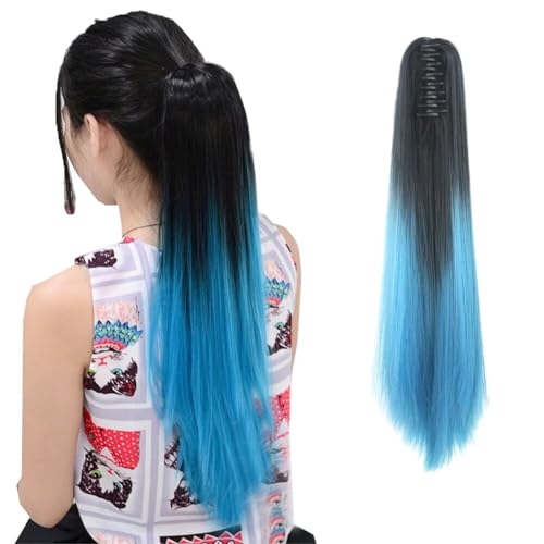 LaLuLoLi Lockiger Klammer-Pferdeschwanz-Extension Synthetisch 24" 130g Glattes Haarteil Natur-Schwarz bis Meerblau Modische Haarextensions Damen-Haarteile für Party von LaLuLoLi