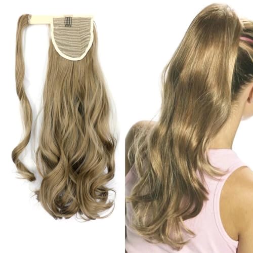 LaLuLoLi Mittelblonde hitzebeständige synthetische Haarextension, lange lockige Welle, natürlich wirkendes Haarteil, 18 Zoll (100 g), gebundener Pferdeschwanz für Damen von LaLuLoLi
