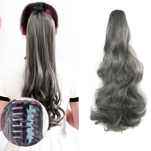 LaLuLoLi Modische graue Klemmenclip-Pferdeschwanzverlängerung 140g, lang, dick, lockig, synthetische Clip-in-Haarverlängerung für Damen (20 Zoll, lockig, modisches Grau) von LaLuLoLi