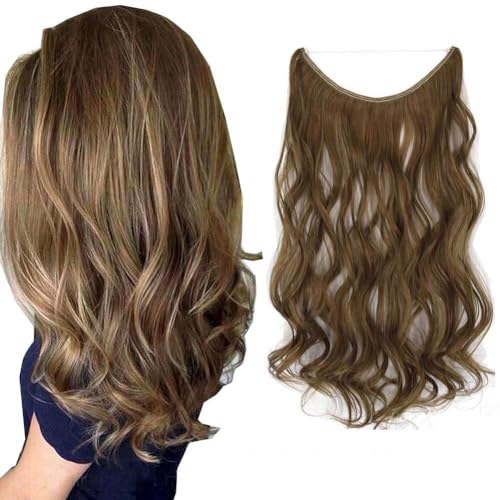 LaLuLoLi Natürliche Synthetische Haare 18 Zoll 80g Lange Dicke Wellige Haarteile #12/24 Hellgolden Braun und Goldblond Klavierfarbe Unsichtbare Angelschnur Drah Haarextensions für Damen von LaLuLoLi