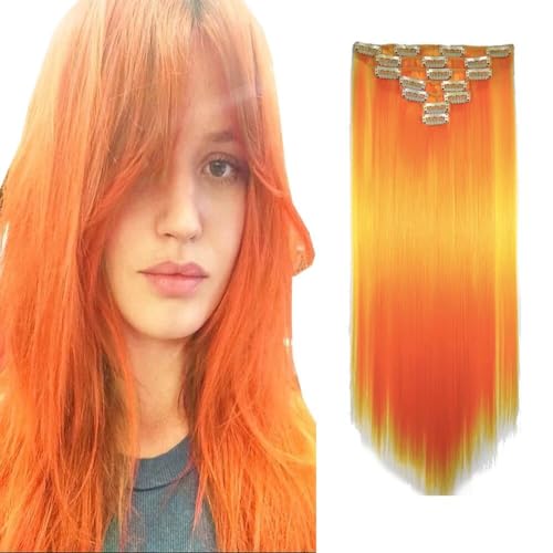 LaLuLoLi Orange Synthetisches Gerades Haar 22 Zoll 100g Japanische Hitzebeständige Faser Haarteile 7-teilig 16 Clips Vollkopf Clip-in Feine Haarverlängerungen für Damen Mädchen Party (#119) von LaLuLoLi