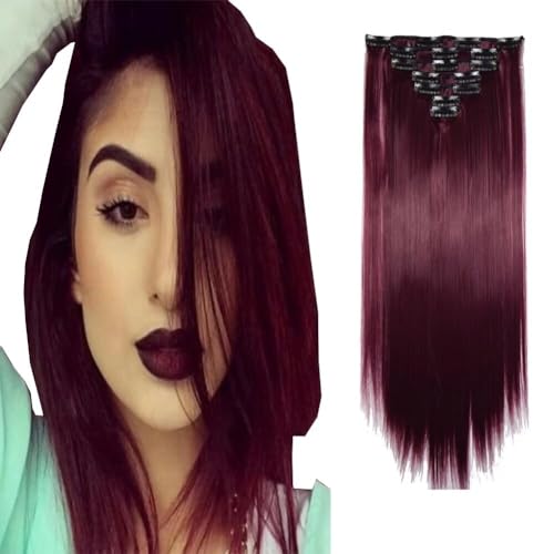 LaLuLoLi Synthetik-Haarteil Gerade Haarverlängerungen 22 Zoll 100g Hitzebeständige Faser Haarverlängerung 7-teilig 16 Clips Vollkopf Dickes Clip-in Haarverlängerung für Damen (#118, Weinrot) von LaLuLoLi