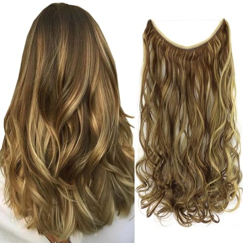 LaLuLoLi Synthetische Angelschnur Haarextensions 18 Zoll 80g Lange Wellige Haarteile Lockige Unsichtbare Versteckte Draht Einzelstück Haarextensions Braun und Blond Haarteil für Damen (10H22) von LaLuLoLi