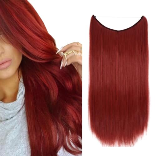 LaLuLoLi Synthetische Haarverlängerungen 22" 80g Unsichtbarer Faden Lange glatte Haarverlängerung Geheime Schnur-Haarteile Perücke für Frauen Mädchen den täglichen Gebrauch (#130M Rot) von LaLuLoLi