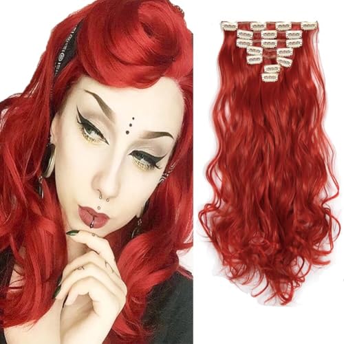 LaLuLoLi hitzebeständige synthetische gewellte Lockenextensionen in Rot, 50 cm (20 Zoll), 100 g, natürliche Haarteile mit 16 Klammern für Damen (Knallrot-#113, 7 Teile/16 Klammern) von LaLuLoLi