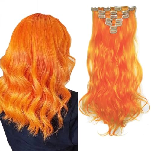 LaLuLoLi orangefarbene synthetische gewellte Locken, 50 cm, 100 g, hitzebeständige Fasern, 7-teiliges Volllängen-Set mit 16 Klammern für Damen und Mädchen (#119, Orange) von LaLuLoLi