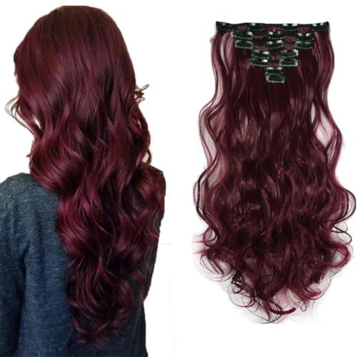 LaLuLoLi violett-rote synthetische gewellte Lockenextensionen, 50 cm, 100 g, hitzebeständige Fasern, 7-teiliges Volllängen-Set mit 16 Klammern für Damen (#118, Violettrot) von LaLuLoLi
