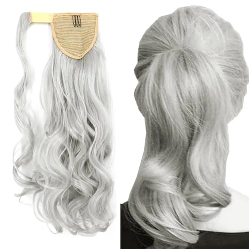 Silberner Clip-in-Pferdeschwanz Haarextension - LaLuLoLi Wickel-Synthetik-Ponytail Lange Locken Wellen Haarteil Haarverlängerung für Mädchen Party (Silberfarbe, 18" 100g) von LaLuLoLi