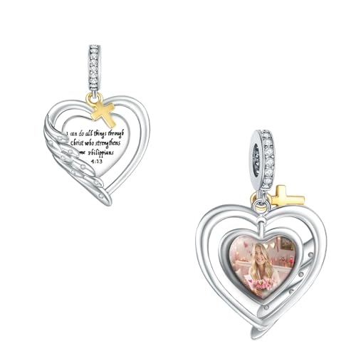 LaMenars 925 Sterling Silber Liebe Engel Flügel Kreuz Charms personalisierte Herz Bild Charm Fit Frauen Armband Halskette Geschenk für Familienfreund von LaMenars