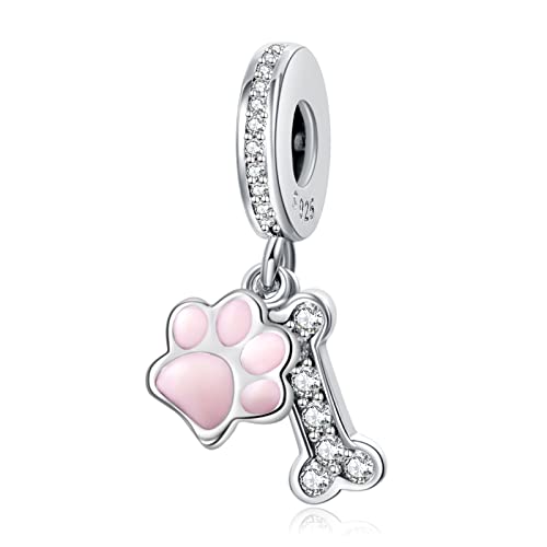 LaMenars Charms Pink Paw Dangle 925 Sterling Silber Hundeknochen Anhänger Bead mit Zirkonia passt Europa Charm Armband Halskette, Geschenke für Frauen Mädchen (DOG) von LaMenars