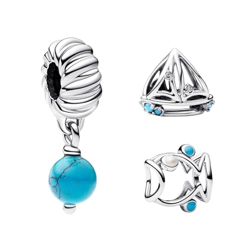 LaMenars Damen Charm Anhänger Armbänd Fish Sailboat Turquoise Dangle with Zirconia 925 Sterling Bead Women Halskette,Schmuck Geschenk Weihnachten,Abschlusssaison,Valentinstag,Muttertag 3-Stück/Paket von LaMenars