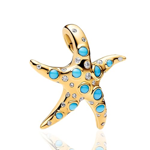 LaMenars Damen Charm Anhänger für Armbänd Golden Blue Starfish with Zirconia 925 Sterling Silber Bead Women Halskette,Schmuck Geschenk Weihnachten,Abschlusssaison,Valentinstag,Muttertag von LaMenars