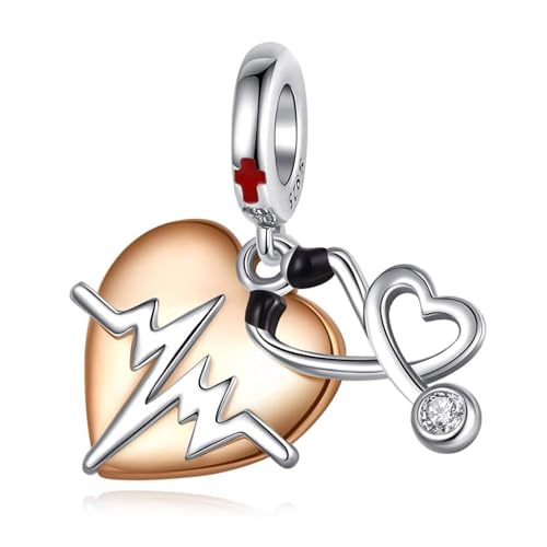 LaMenars Damen Charm Anhänger für Armbänd Heartbeat Stethoscope Pendant with Zirconia 925 Sterling Silber Bead Women Halskette,Schmuck Geschenk Weihnachten,Tag Krankenschwestern,Valentinstag,Muttertag von LaMenars