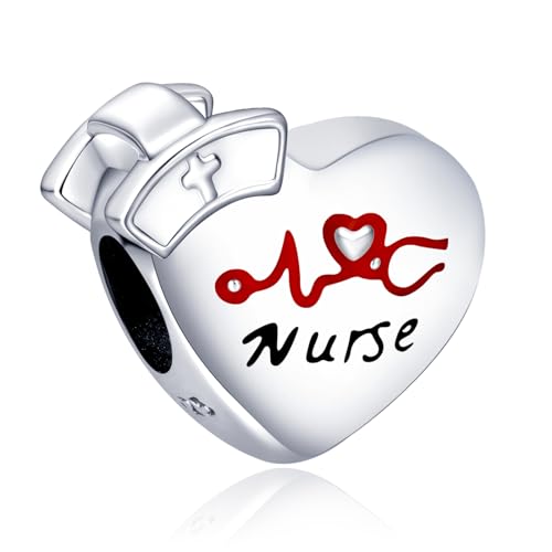 LaMenars Damen Charm Anhänger für Armbänd Heartbeat of Nurses Day with Zirconia 925 Sterling Silber Bead Women Halskette,Schmuck Geschenk Weihnachten,Tag Krankenschwestern,Valentinstag,Muttertag von LaMenars