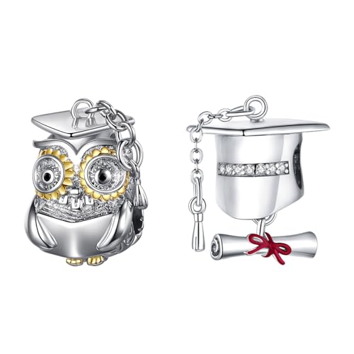 LaMenars Damen Charm Anhänger für Armbänd Owl Graduation Cap Scroll with Zirconia 925 Sterling Silber Bead Women Charms Halskette,Schmuck Geschenk Weihnachten,Abschlusssaison,Valentinstag,Muttertag von LaMenars