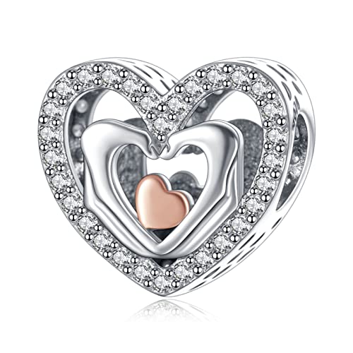 LaMenars Hand gezeichnete Liebe Herz Happy Anniversary 925 Sterling Silber Anhänger Perlen mit Cubic Zirconioa Passt Europa Geschenke für Frauen Mädchen Armband und Halskette von LaMenars