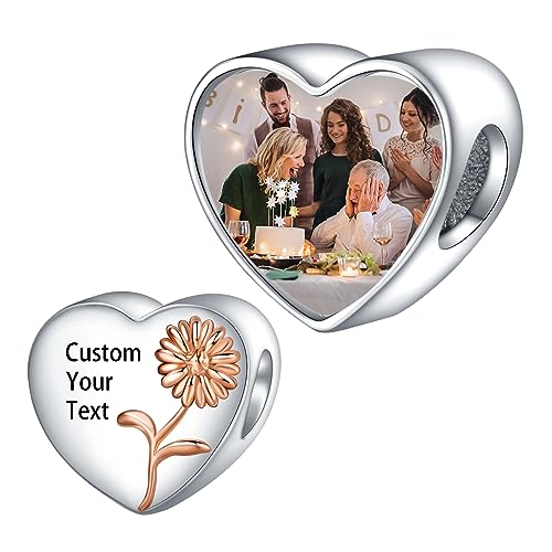 LaMenars Personalized Photo Charms Geburt Blume April Daisy Perlen Sterling Silber Anpassen Bild Liebe Herz für Frauen Armbänder und Halsketten Geschenke für Mädchen von LaMenars