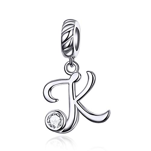 LaMenars Damen Charm-Anhänger Alphabet Buchstabe 925 Sterling Silber passend für, Chamilia und europäische Charm-Armbänder & Halsketten (Buchstabe K) von LaMenars