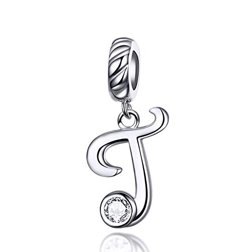 LaMenars Damen Charm-Anhänger Alphabet Buchstabe 925 Sterling Silber passend für, Chamilia und europäische Charm-Armbänder & Halsketten (Buchstabe T) von LaMenars