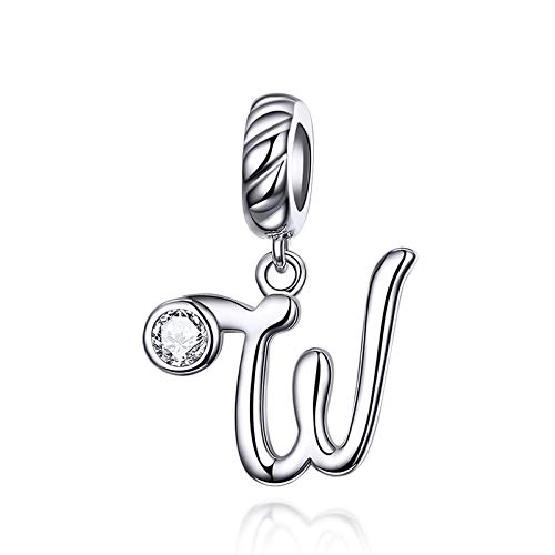 LaMenars Damen Charm-Anhänger Alphabet Buchstabe 925 Sterling Silber passend für, Chamilia und europäische Charm-Armbänder & Halsketten (Buchstabe W) von LaMenars