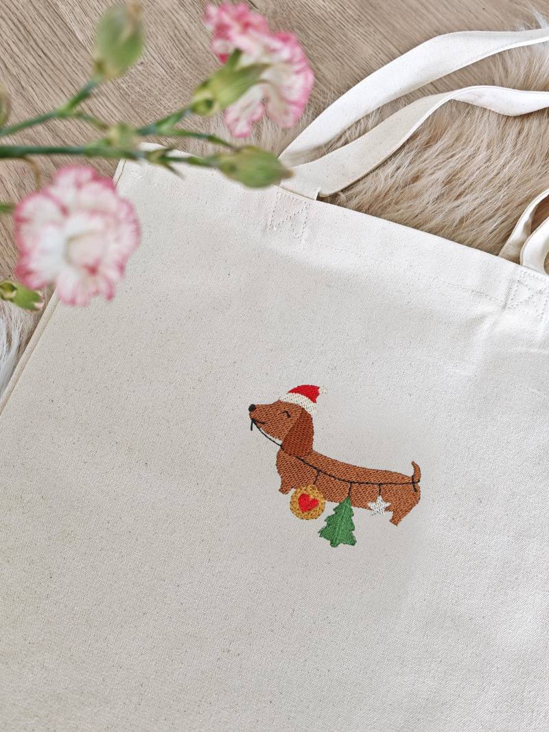 Dackel Weihnachten Jutebeutel Bestickt | Süße Weihnachtstasche Hundeliebhaber Geschenkidee Freundin Familie Stofftasche Hund von LaNuvDesign