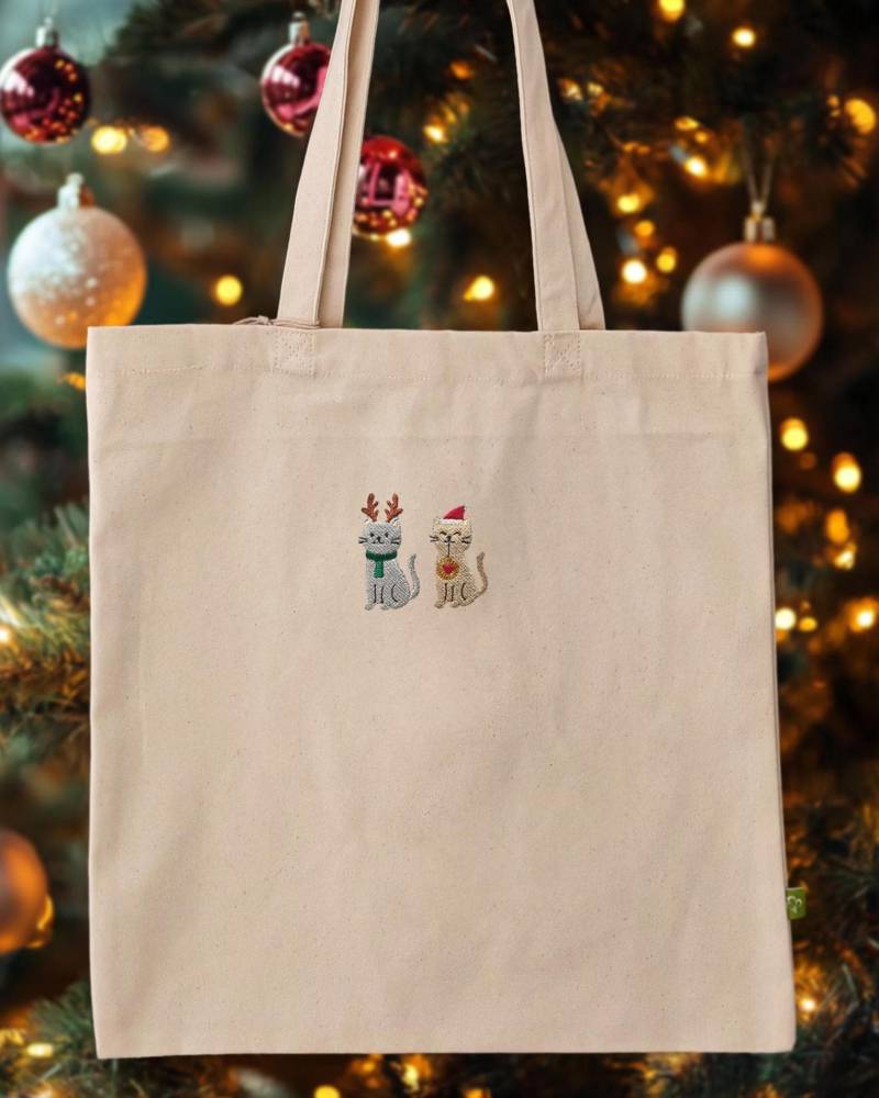 Weihnachts Jutebeutel Katzen Bestickt | Geschenkidee Weihnachten Katze Stofftasche Geschenk Freundin Kollegin Familie Klein von LaNuvDesign