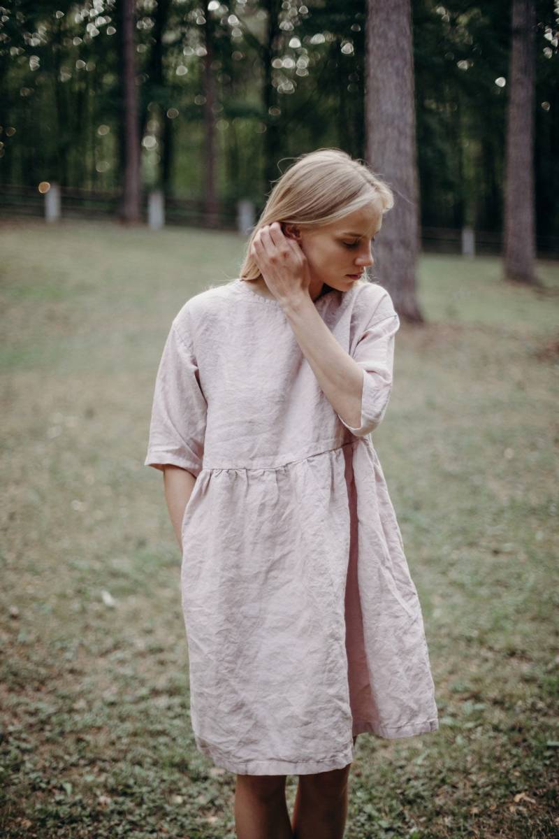 Handgefertigtes Leinen Tunika Kleid 3/4 Ärmel Midi Sommerkleid von LaPetiteAlice