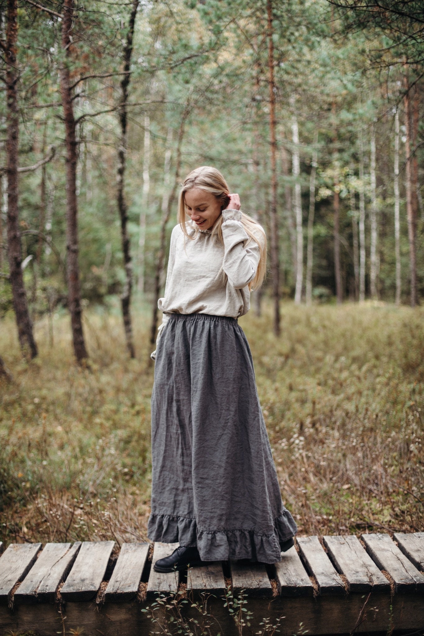 Hoch Taillierter Leinen Maxi Rock Boho Rüschenrock Mit Taschen von LaPetiteAlice