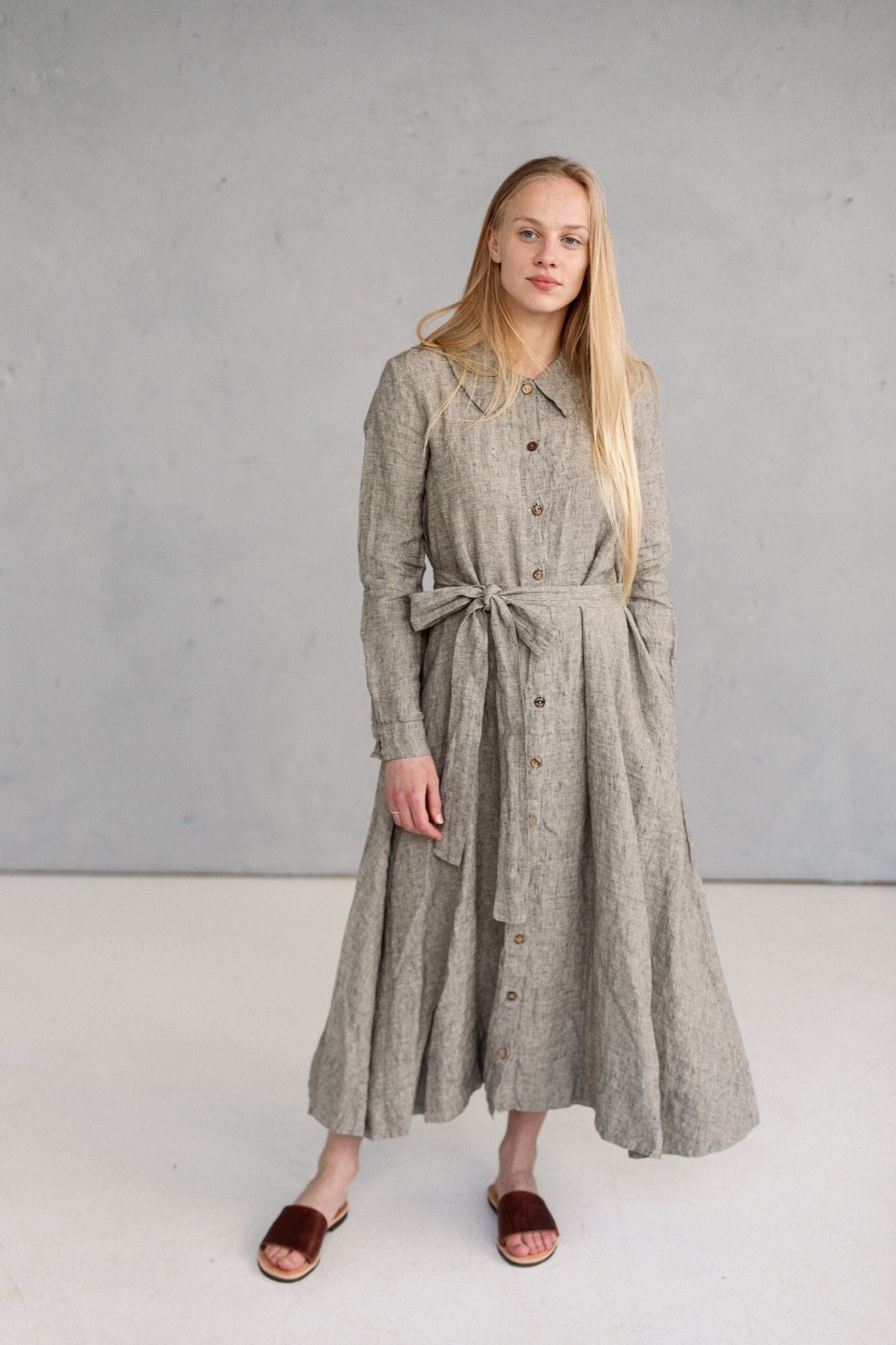 Langarm Leinen Kleid Midi Kleid Mit Gürtel & Taschen von LaPetiteAlice