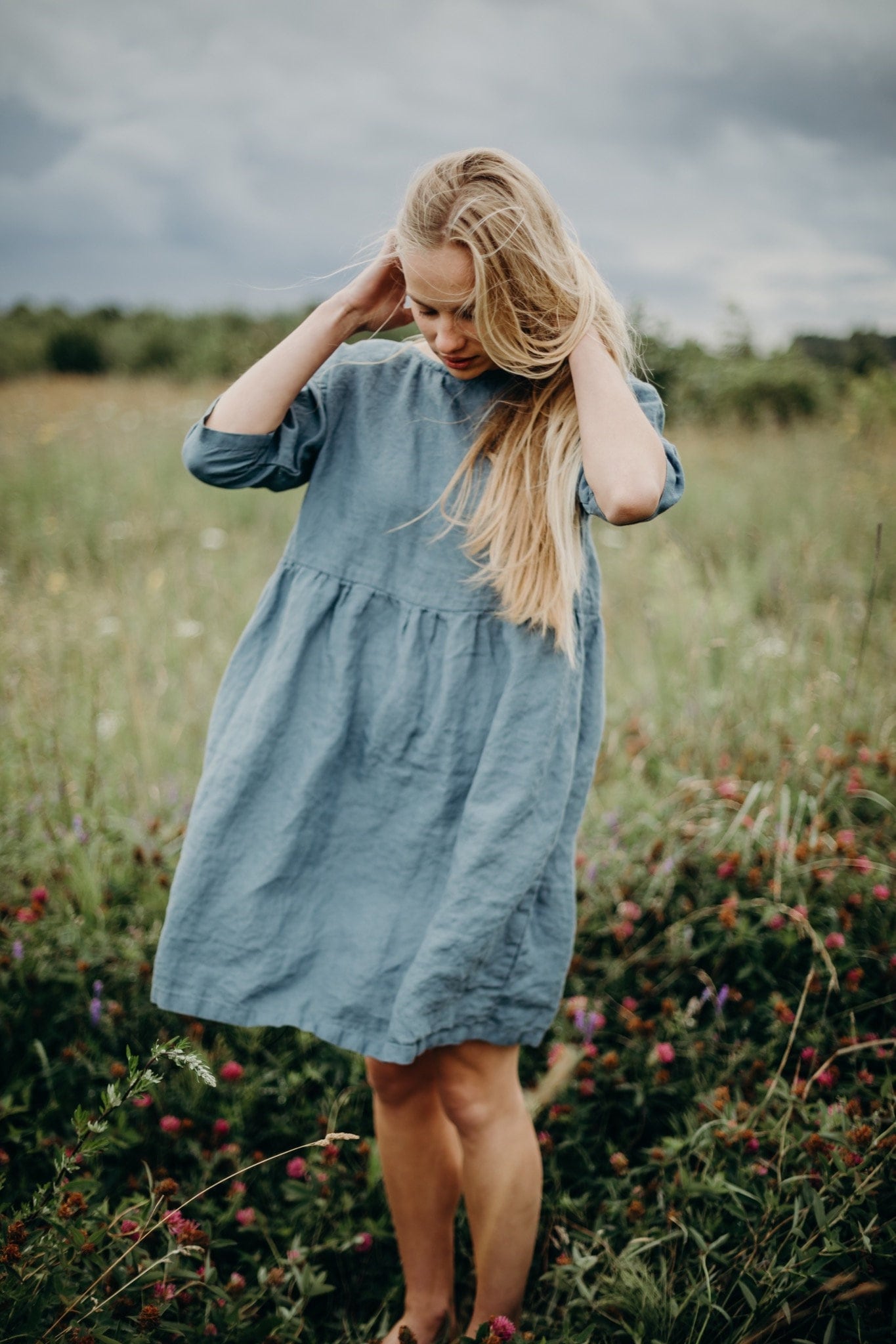 Leinen Midi Kleid Mit Taschen Damen 3/4 Ärmel Sommerkleid von LaPetiteAlice