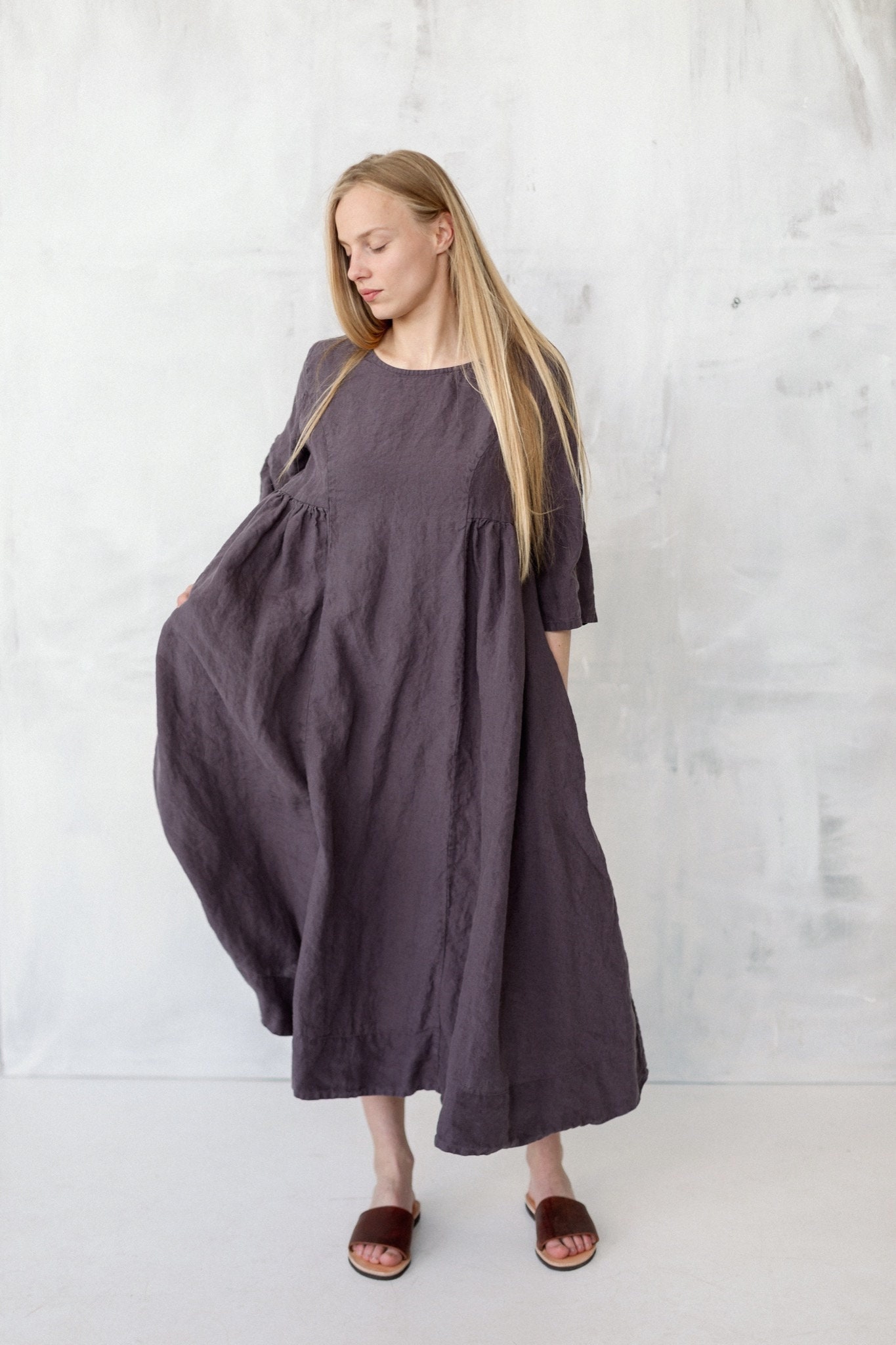 Leinen Midi Kleid Trompetenärmel, Taschen, Boho Style von LaPetiteAlice