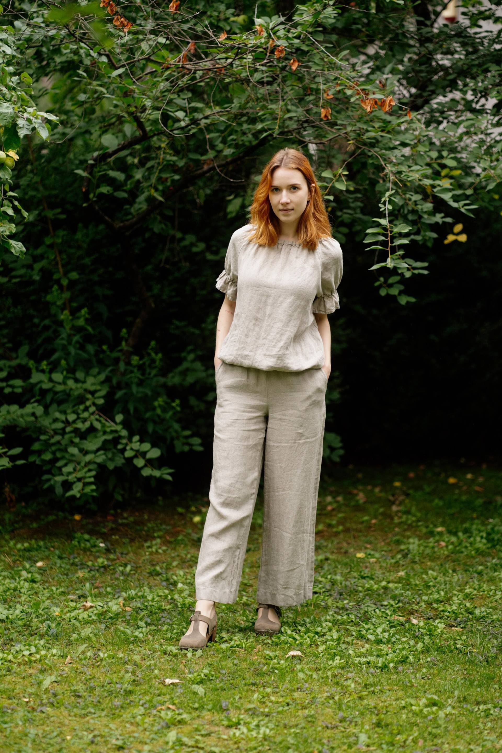 Leinenbluse Rüschenärmel Top, Rundhalsausschnitt, Bürokleidung von LaPetiteAlice