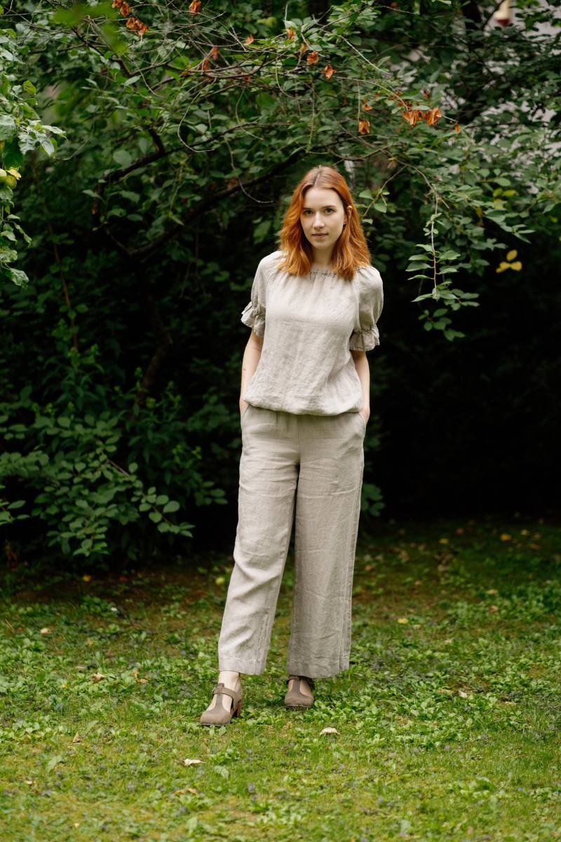 Leinenbluse Rüschenärmel Top, Rundhalsausschnitt, Bürokleidung von LaPetiteAlice